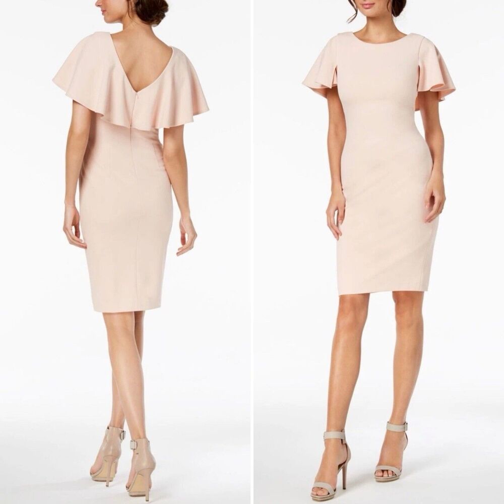 Calvin Klein Pink Ruffle V Back Flutter Sleeve Boat Neck Sheath‎ Dress Sz 16